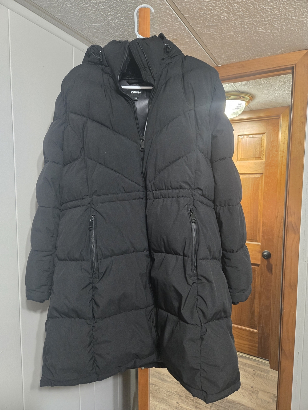 DKNY Black Long Quilted Puffer Coat with Hood